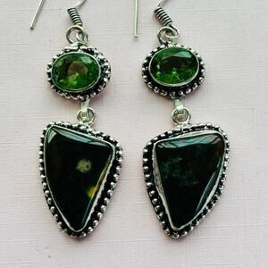 925 Sterling Bloodstone & Peridot  Dangle Earrings